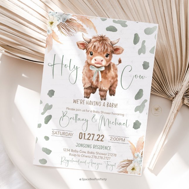 Invitación Highland Cow Holy Cow baby shower green Invitation (Highland Cow, Baby Shower, Gender Neutral, Sage Green, Cute Calf)