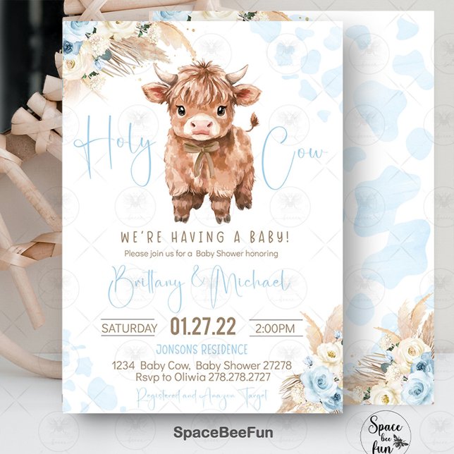 Invitación Highland Cow Holy Cow bebé ducha Boy (highland cow baby shower, holy cow baby shower, baby shower invitation, boy baby shower, farm animal)