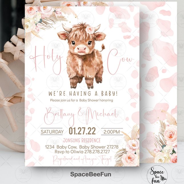 Invitación Highland Cow Holy Cow chica de ducha de bebé (highland cow baby shower, holy cow baby shower, baby shower invitation, girl baby shower, farm anima)