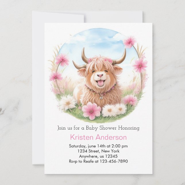 Invitación Highland Cow Meadow Whimsy Pink Chica Baby Shower (Anverso)