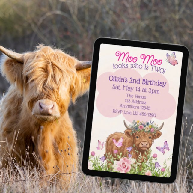 Invitación Highland Cow Moo Moo Two 2nd Birthday (Subido por el creador)