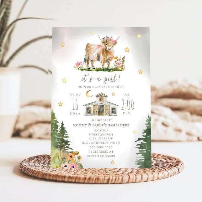 Invitación Highland Cow Moon Stars Floral Farm Baby Shower  (Subido por el creador)