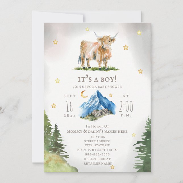 Invitación Highland Cow Moon Stars Mountain Baby Shower  (Anverso)