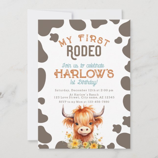 Invitación Highland Cow My First Rodeo Primer Cumpleaños (Anverso)