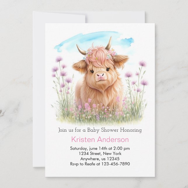 Invitación Highland Cow Pink Meadow Chica Baby Shower (Anverso)