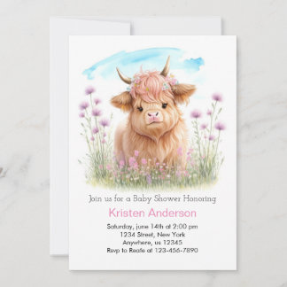 Invitación Highland Cow Pink Meadow Chica Baby Shower