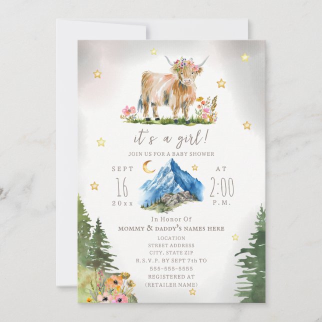 Invitación Highland Cow Stars Floral Mountain Baby Shower  (Anverso)