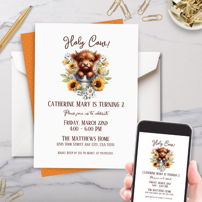 Invitación Highland Cow Sunflowers Floral Kids Birday Fiesta (cute highland cow theme kids birthday party invitations with sunflowers floral and little coo pail)