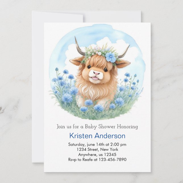Invitación Highland Cow Watercolor Dream Boy Baby Shower (Anverso)