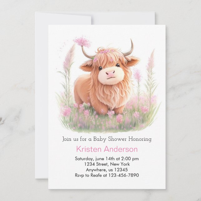 Invitación Highland Cow Wildflower Whimsy Chica Baby Shower (Anverso)