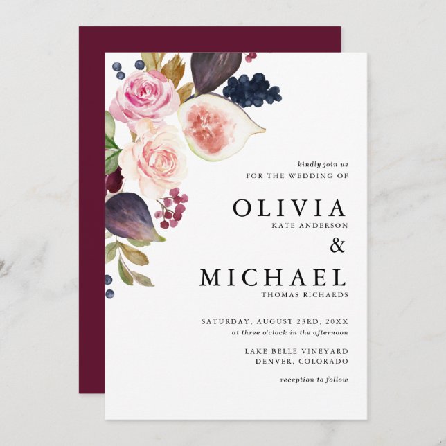 Invitación Higos acuáticos y Boda floral de floraciones de ot (Anverso / Reverso)