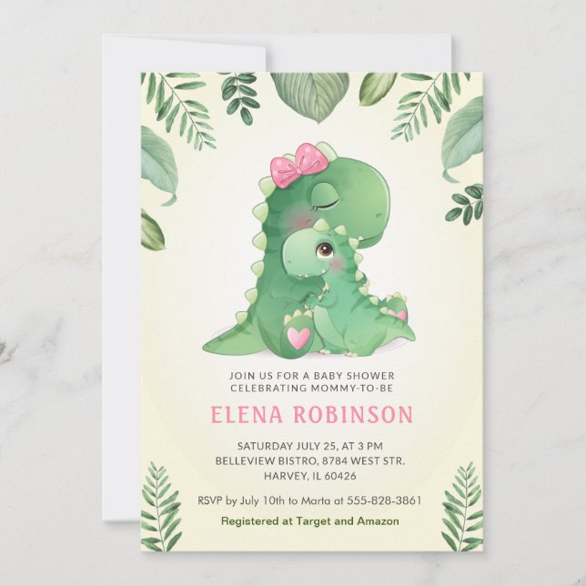 Invitación Hija pequeña mami Chica de dinosaurios Baby Shower (Anverso)
