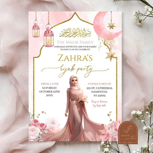 Invitación Hijab, Chica islámico floral rosa de Rubor (Subido por el creador)