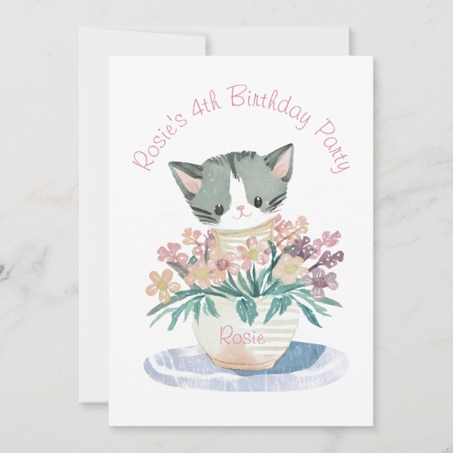 Invitación Hijas Cumpleaños Cute Nombre Y Foto De Gatito (Anverso)