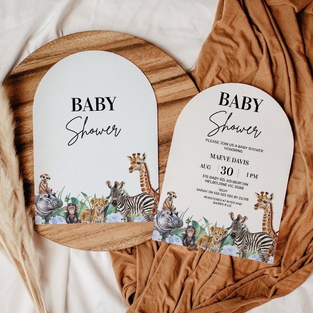 Invitación Hijos arqueados Blue Floral Safari Baby Shower (Boys Arched Safari Baby Shower Invitation, Safari Animals Baby Shower Invite, Modern Blue Floral)