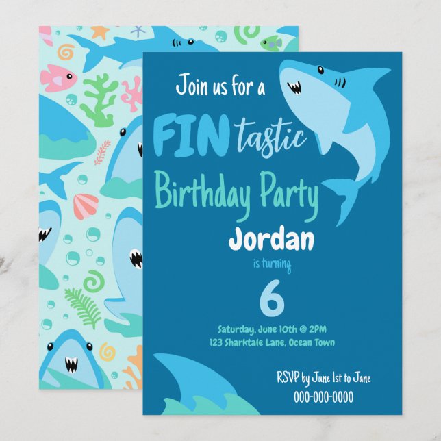 Invitación Hijos De La Fiesta De Cumpleaños Del Tiburón En El (Anverso / Reverso)