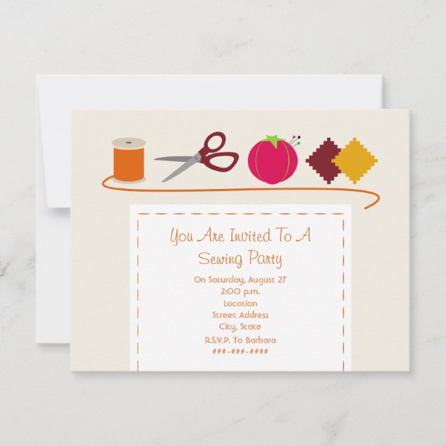 Invitación Hilo de costura del fiesta, tijeras, amortiguador (Anverso)