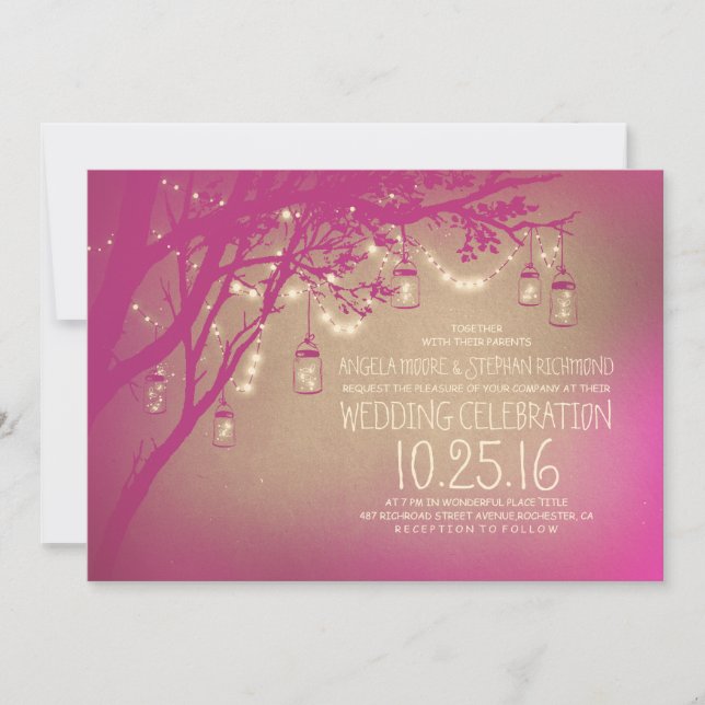 Invitación hilo de luces mason jars vintage boda (Anverso)