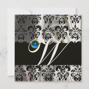 INVITACIÓN HILO DE SEDA NEGRO BLANCO DAMASCO MONOGRAMA AZUL Z