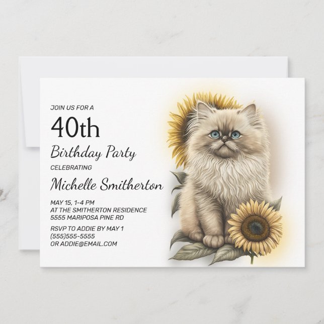 Invitación Himalaya Gato Gatito Sunflowers 40 cumpleaños (Anverso)