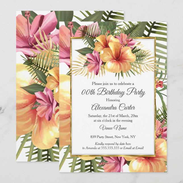 Invitación Himno Tropical Hibiscus Floral Amarillo Oro Rosado (Anverso / Reverso)