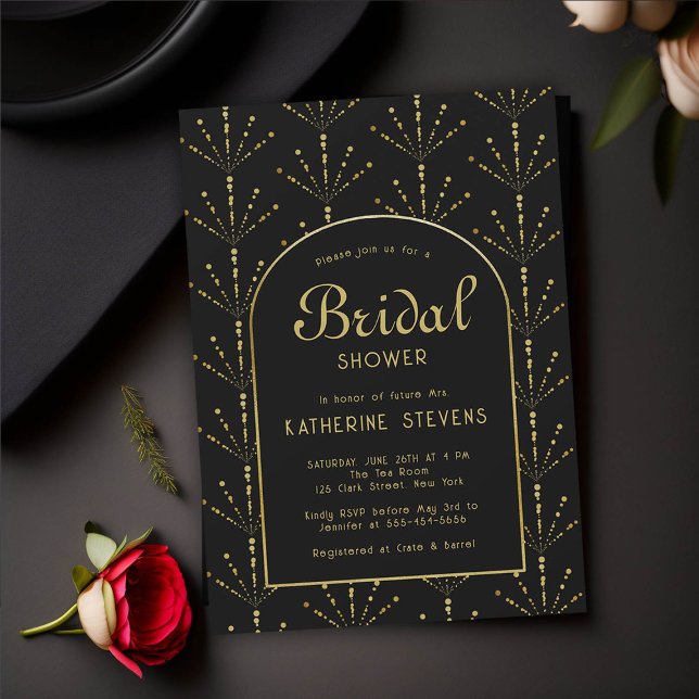 Invitación Hinchas Decorados Fuegos artificiales Boho Dorado  (deco bridal shower invitation black gold fan flowers fireworks roaring 20s gatsby boho arch elegant )