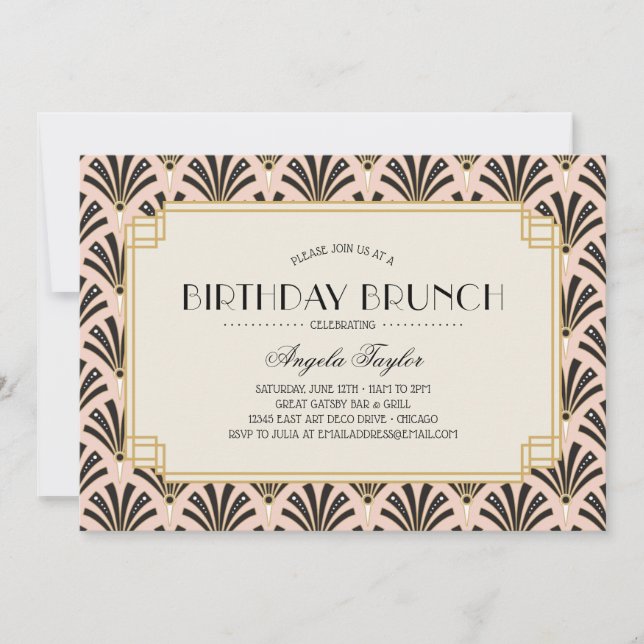 Invitación Hinchas del Art Decó Brunch de cumpleaños en rosa  (Anverso)