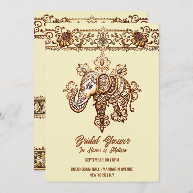 Invitación Hindi Mehndi elefante indio henna lotus amarillo (Anverso / Reverso)