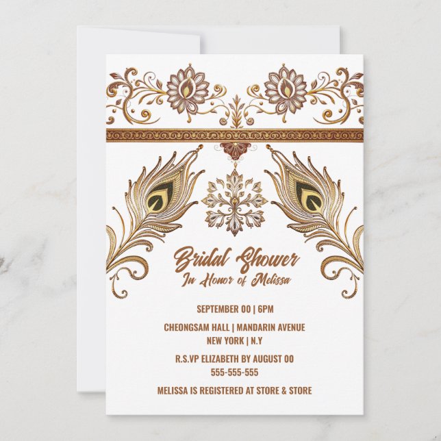 Invitación Hindi Mehndi lotus peacock hindú plumó novia (Anverso)