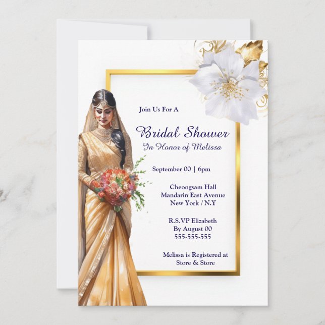 Invitación Hindi Mehndi novia blanca dorada verde de la India (Anverso)