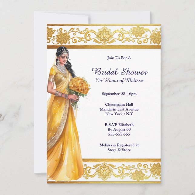 Invitación Hindi Mehndi novia india dorada amarilla (Anverso)