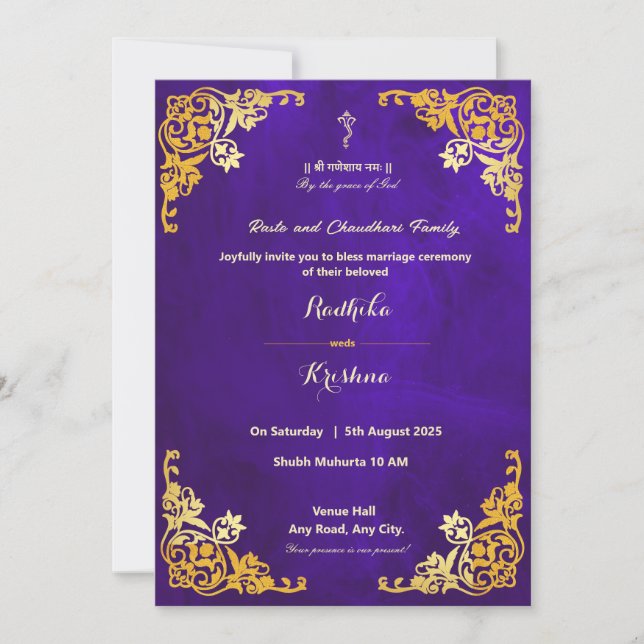 invitación hindú azul real para boda india (Anverso)