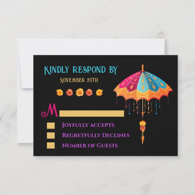 Invitación Hindú de colorida boda parasol RSVP (Anverso)