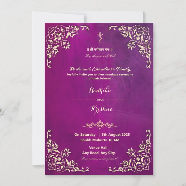 invitación hindú de Ganesha para boda india (Anverso)