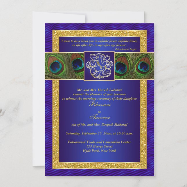 Invitación Hindu Ganesh Blue, Gold Peacock Wedding Invitado (Anverso)
