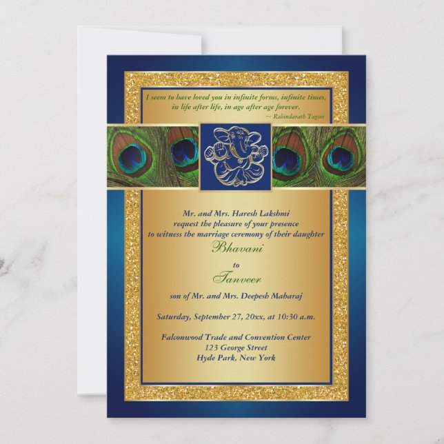 Invitación Hindu Ganesh Blue, Gold Peacock Wedding Invitado (Anverso)