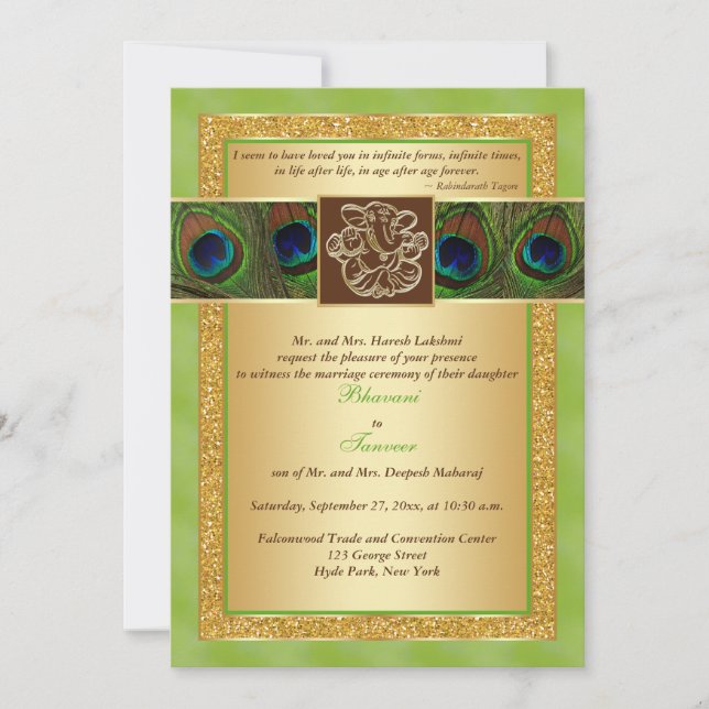Invitación Hindu Ganesh Green, Gold Peacock Wedding Invitado  (Anverso)