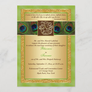 Invitación Hindu Ganesh Green, Gold Peacock Wedding Invitado 