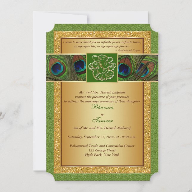 Invitación Hindu Ganesh Green, Gold Peacock Wedding Invitan (Anverso)