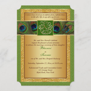 Invitación Hindu Ganesh Green, Gold Peacock Wedding Invitan