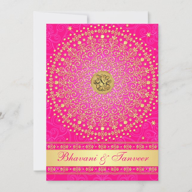 Invitación Hindu Ganesh Pink, Gold Scrolls Wedding Invite 2 (Anverso)
