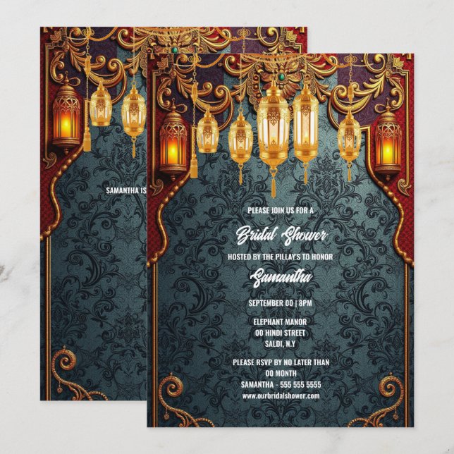 Invitación Hindu Hindi tradicional farolillos indios florales (Anverso / Reverso)