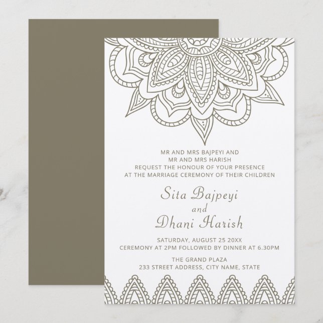 Invitación Hindú Mehndi Hindu Elegant Elegante Boda Verde (Anverso / Reverso)