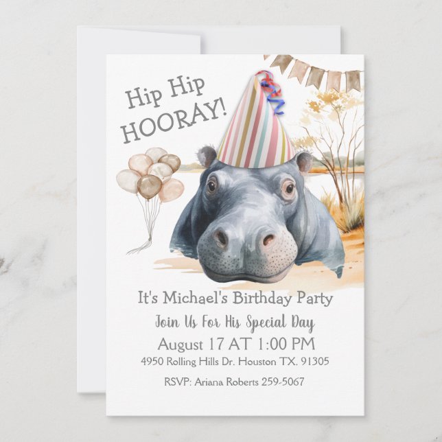 Invitación Hip Hip Hooray Hippo Birthday (Anverso)
