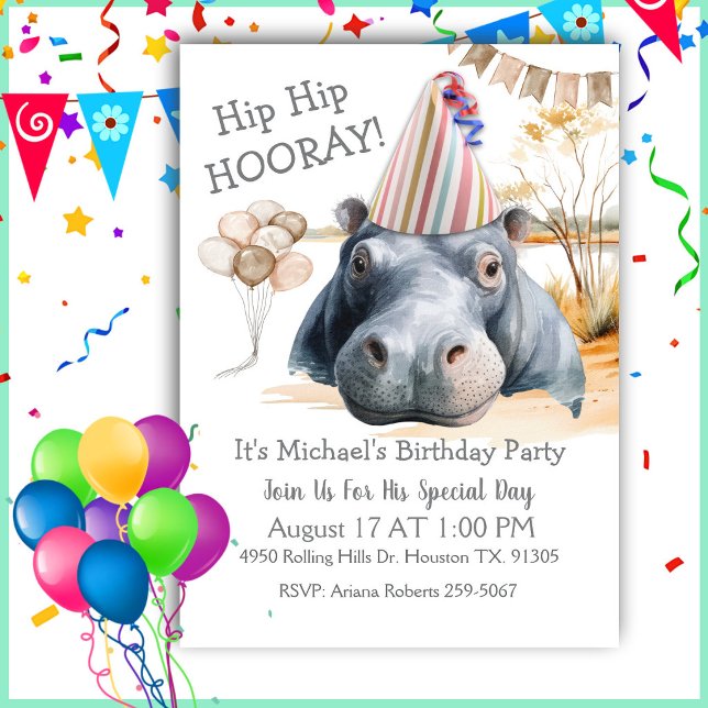 Invitación Hip Hip Hurra Cumpleaños Hipopótamo (Subido por el creador)
