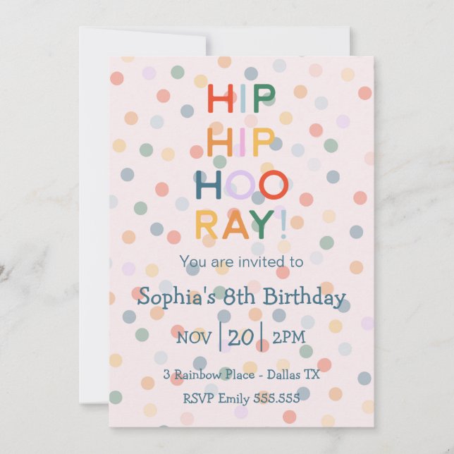 Invitación Hip Hooray Boy Chica Fiesta de Cumpleaños Arcoiris (Anverso)
