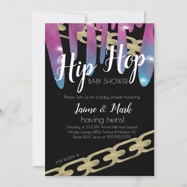 Invitación Hip Hop Baby Shower Faux Purpurina Perforación Ros (Anverso)