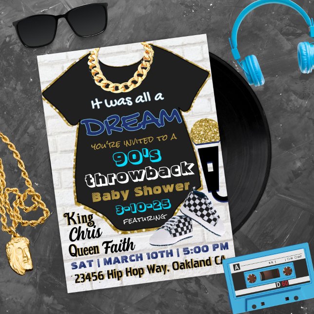 Invitación Hip Hop Blue and Gold Old School Baby Shower de 90 (Subido por el creador)