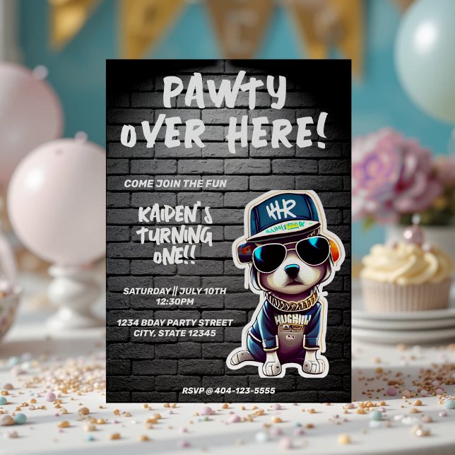 Invitación Hip Hop Cuppy Pared De Ladrillo De Perro Primer Pa (Hip Hop Puppy Dog Brick Wall First Birthday Party Invitation
)