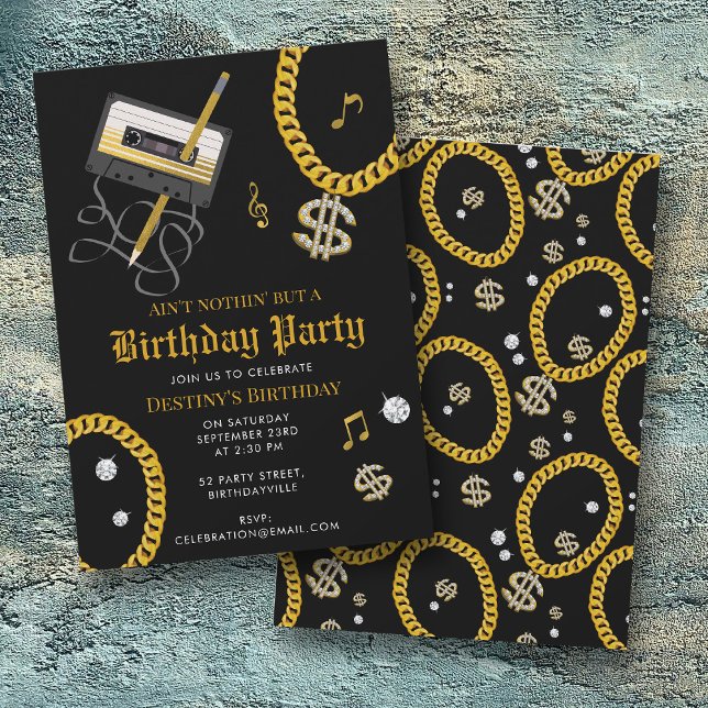 Invitación Hip Hop Gold Chain Cassette 80's 90's Birthday (Hip Hop Gold Chain Cassette 80's 90's Birthday Invitation)